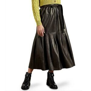 Ted Baker Brown Leather Wrap Midi Skirt Size 0 XS Belted Flare Circle Skirt